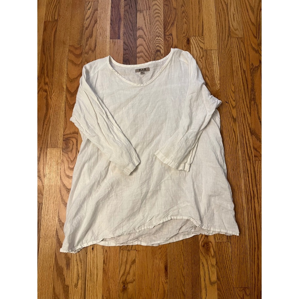 FLAX Women White 100% Linen Tunic Top Scoop Neck 3/4 Sleeve Size M Lagenlook b4